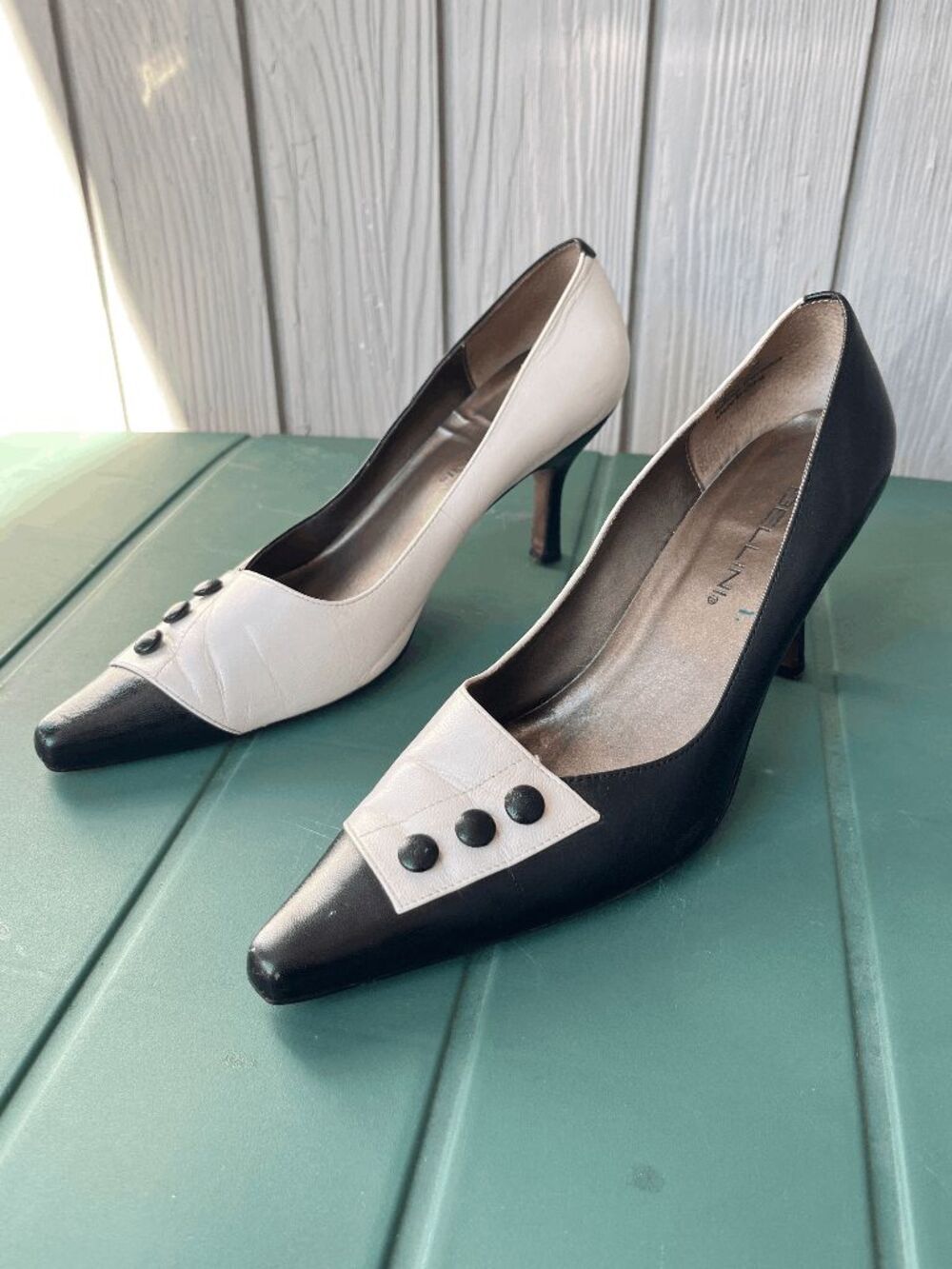 Bellini Kira Black White Leather Pointed Toe Pumps 8M Cruella Mod Retro Heels